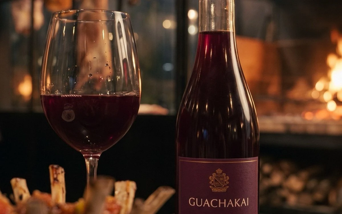 Bottle and glass of Guachakai in front of the hearth
