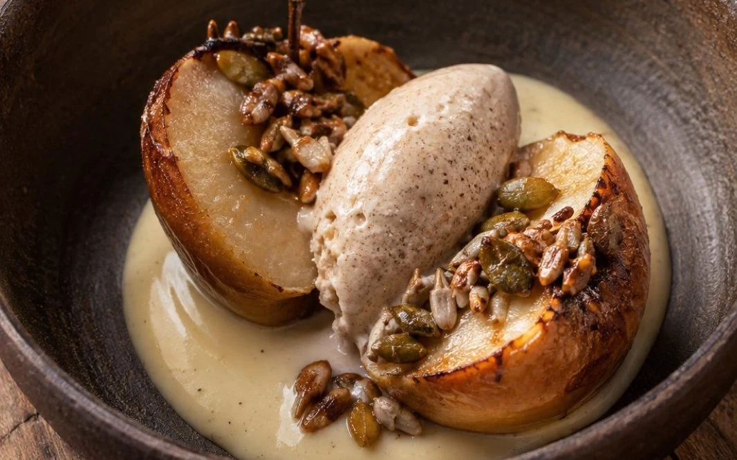 Roasted wild apple in a clay bowl