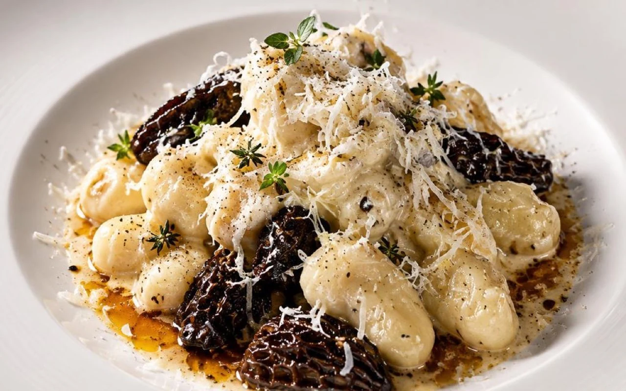 Austral potato gnocchi with morels and sheep's cheese on a white plate