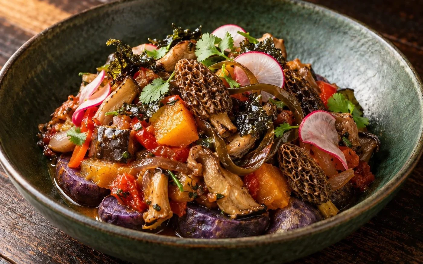 Wild-forest ratatouille with mushrooms and purple potato in a green ceramic bowl