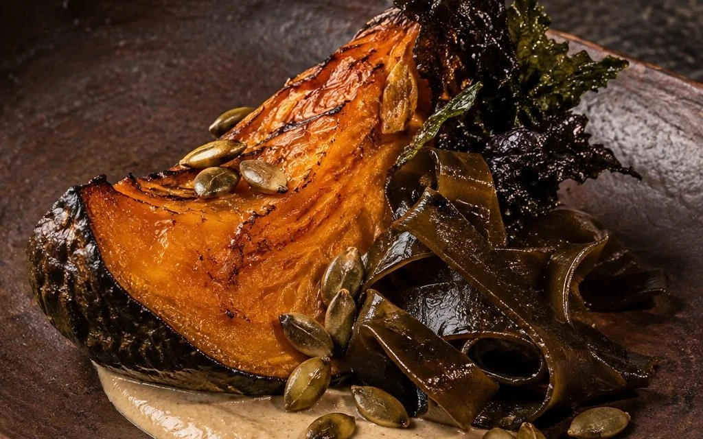 Ember-roasted squash on a clay plate, with embers behind