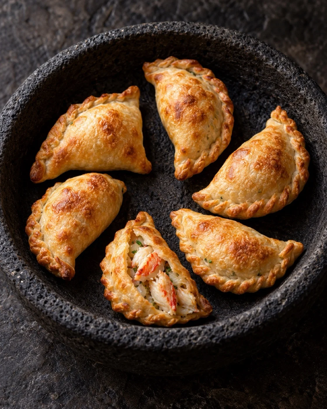 Six king crab empanadas in a stone bowl, one open