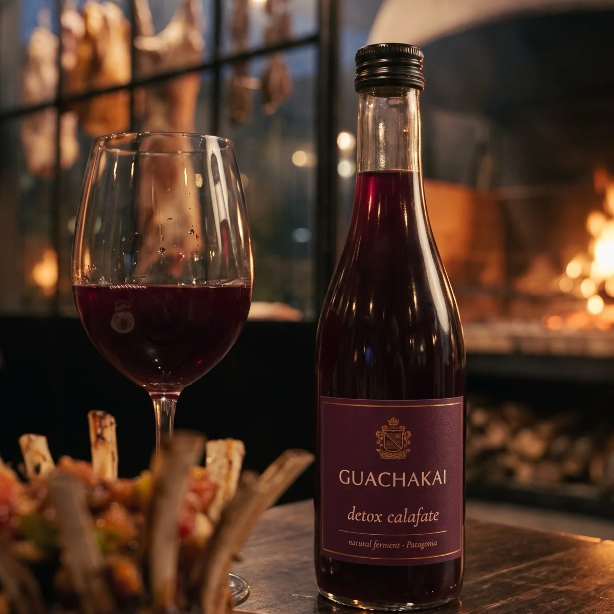 Bottle and glass of Guachakai, fermented calafate, in front of the fire