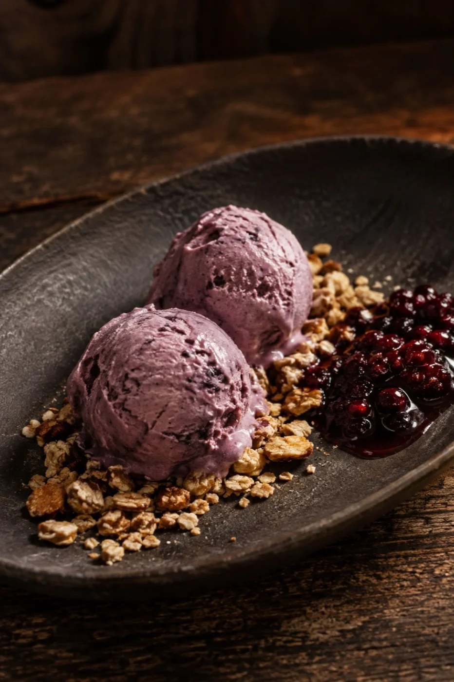 Two scoops of artisan calafate ice cream with granola and southern berry compote
