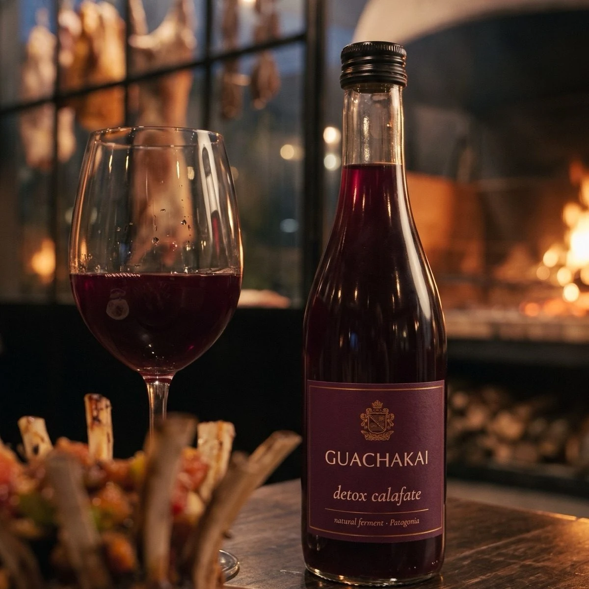 Bottle and glass of Guachakai in front of the hearth