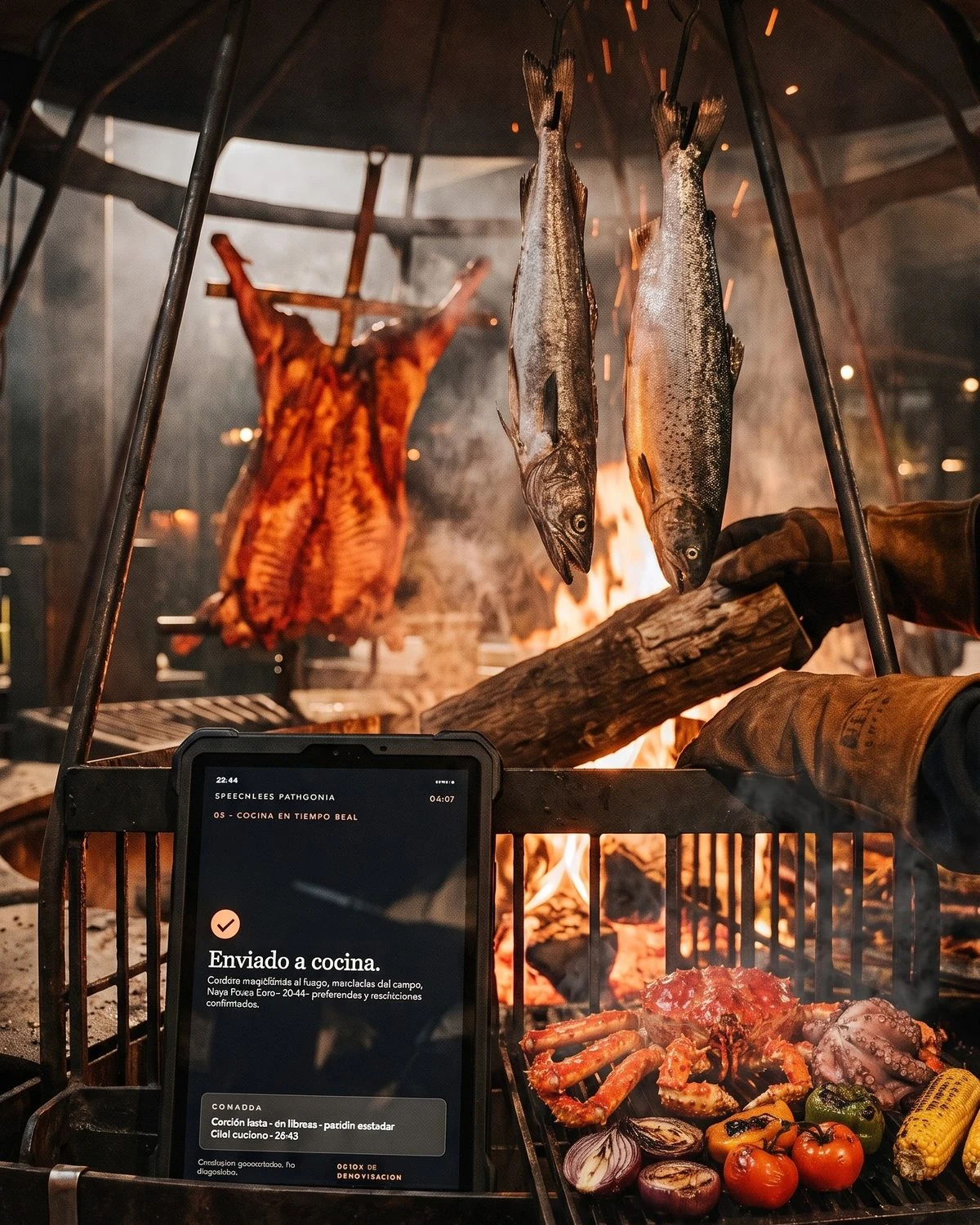 Fish and king crab hanging over the house wood-fired hearth, with the order on the kitchen screen