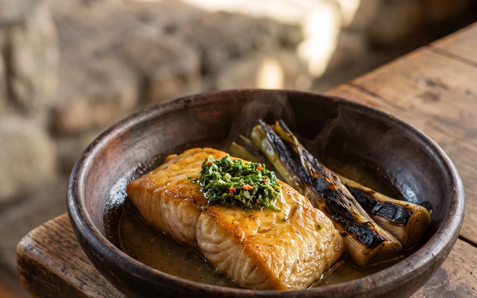 Fire-cooked conger in a clay bowl with light white-wine broth, roasted leeks and herb pebre