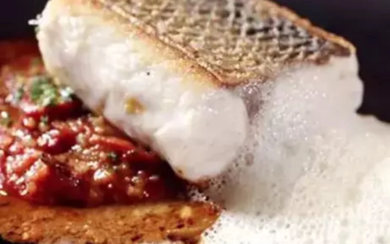 Southern hake with golden skin over potato, with butter foam