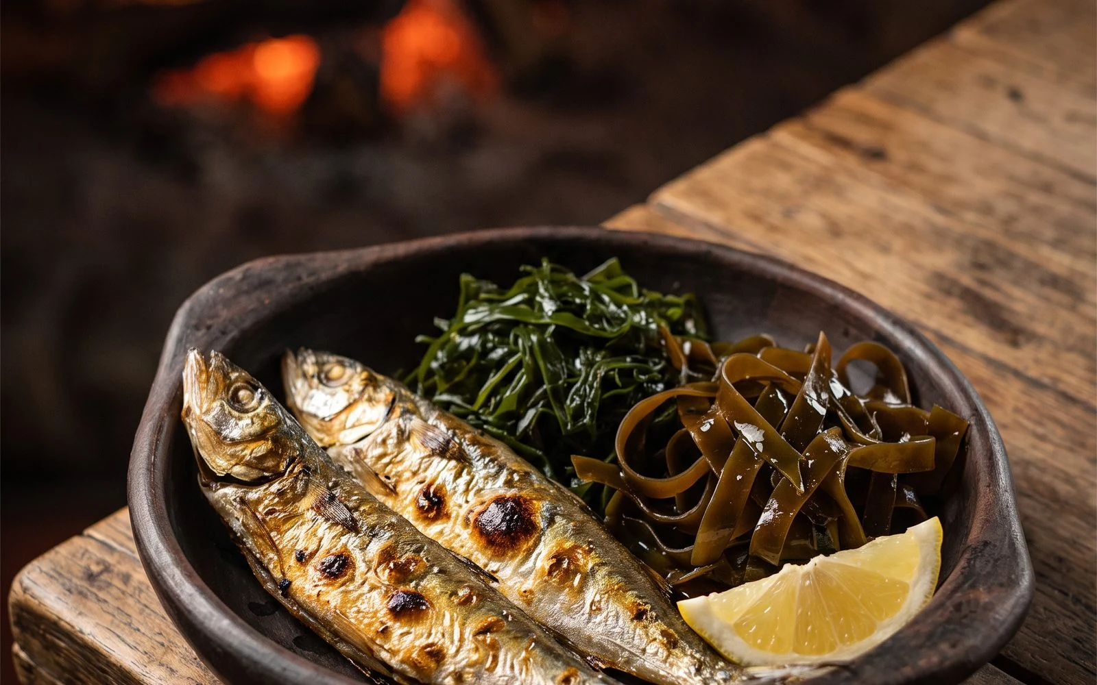 Griddled silversides in a clay bowl with southern seaweed salad and lemon