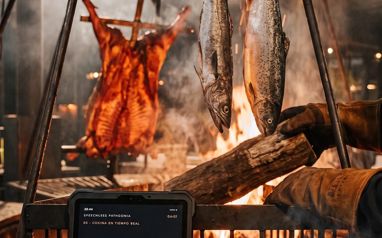 Fish hanging over the wood-fired hearth, with the order on the kitchen screen