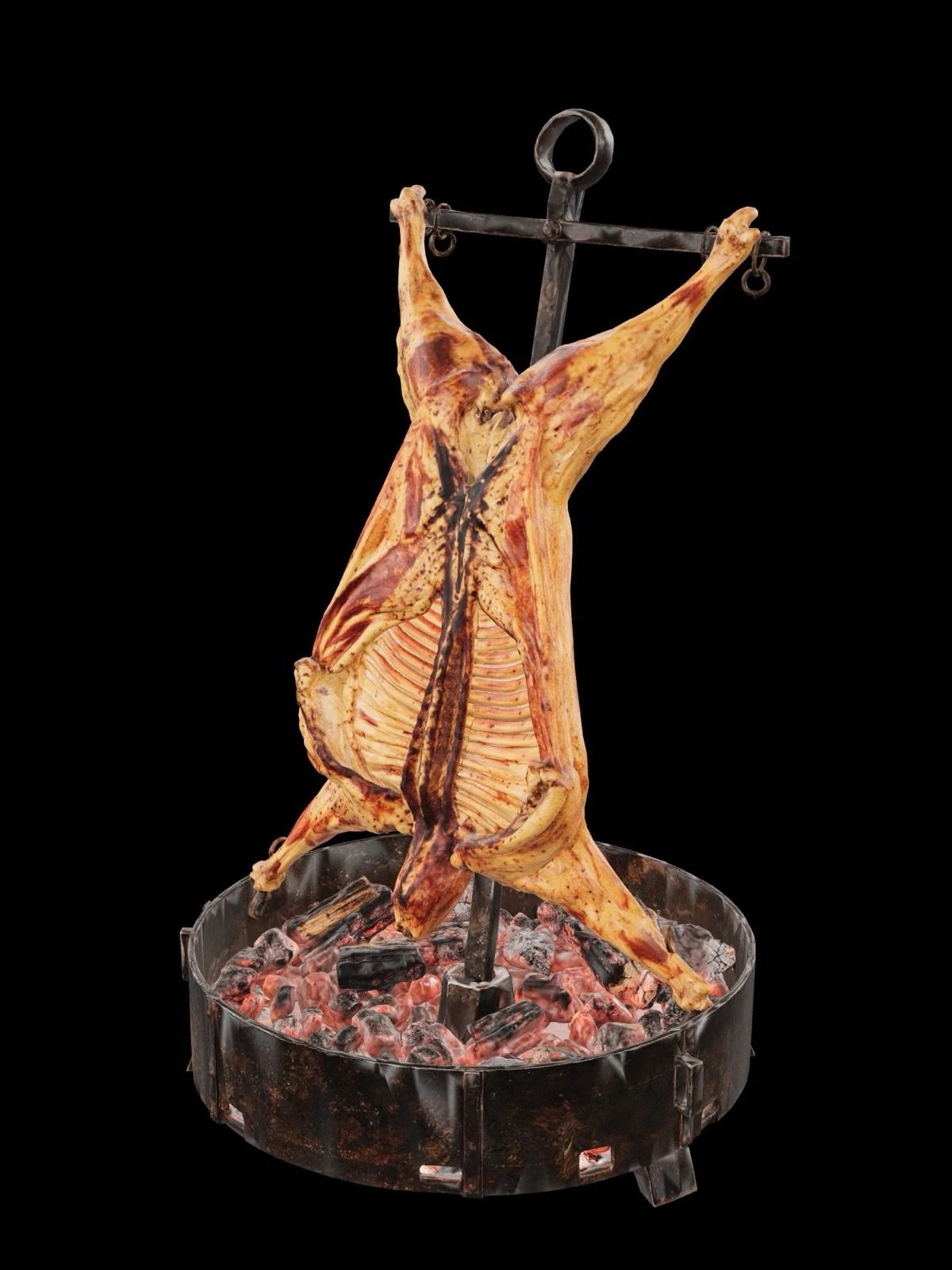 Modelo 3D del cordero entero al asador sobre las brasas