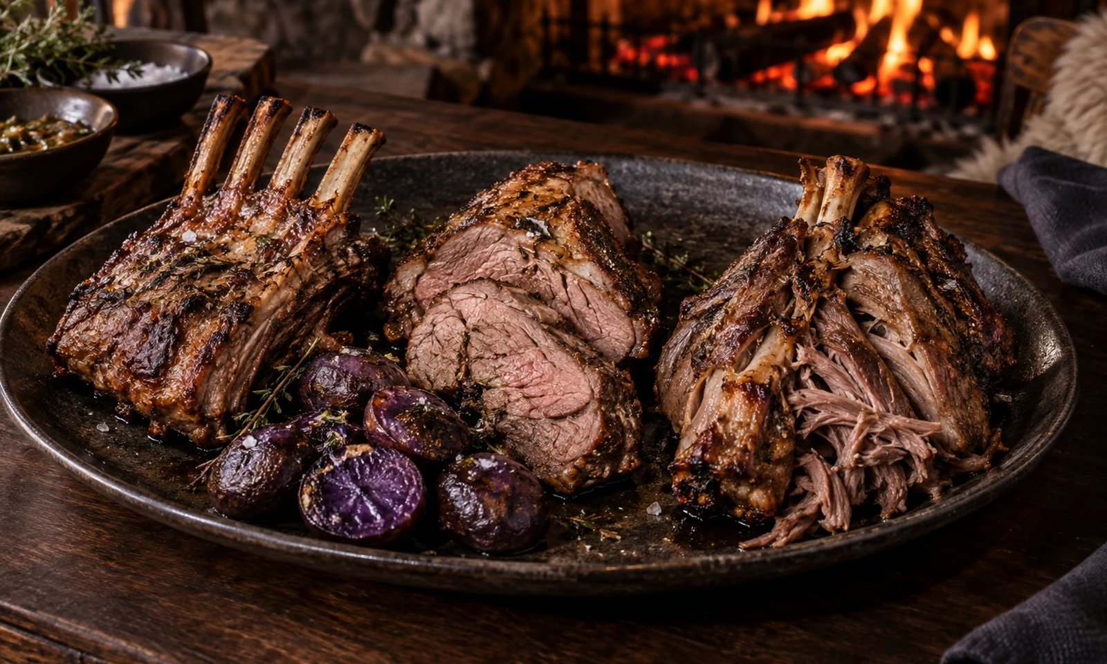 Lamb ribs and leg cuts on a board beside the fire, with purple potatoes