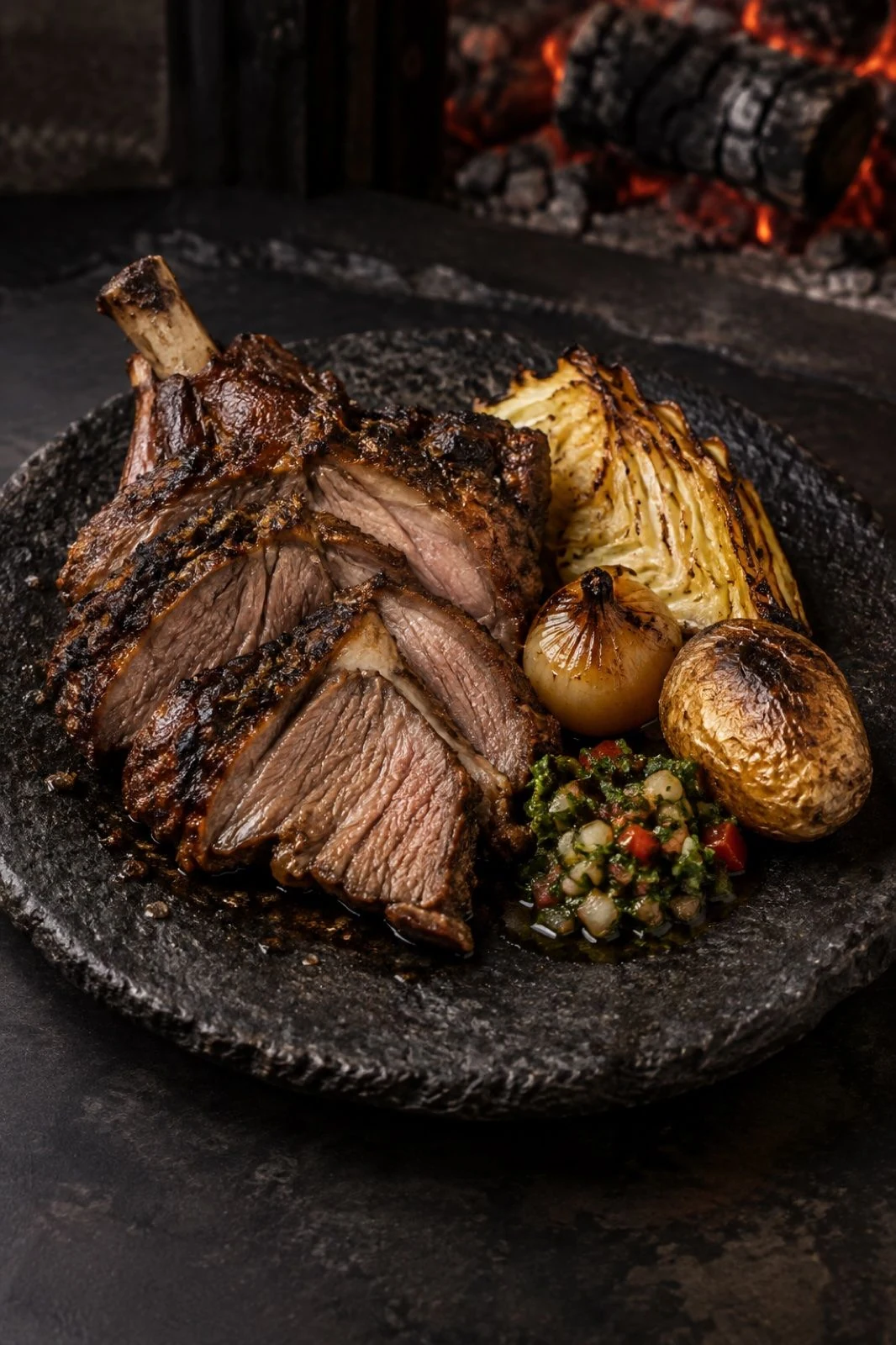 Fire-roasted lamb ribs on a stone plate, with golden cabbage, roasted onion, ember-baked potato and pebre
