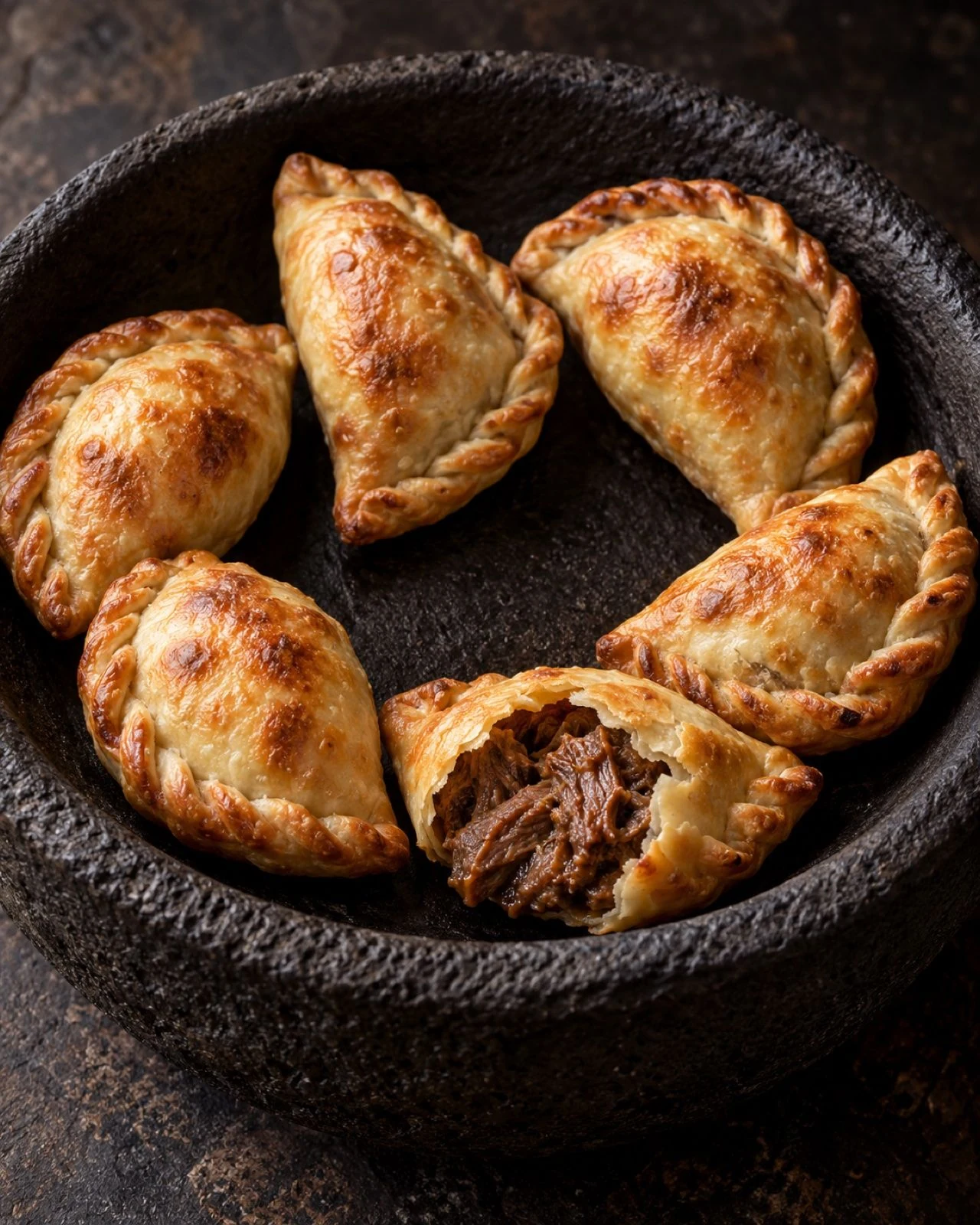 Six lamb cocktail empanadas in a stone bowl, one open