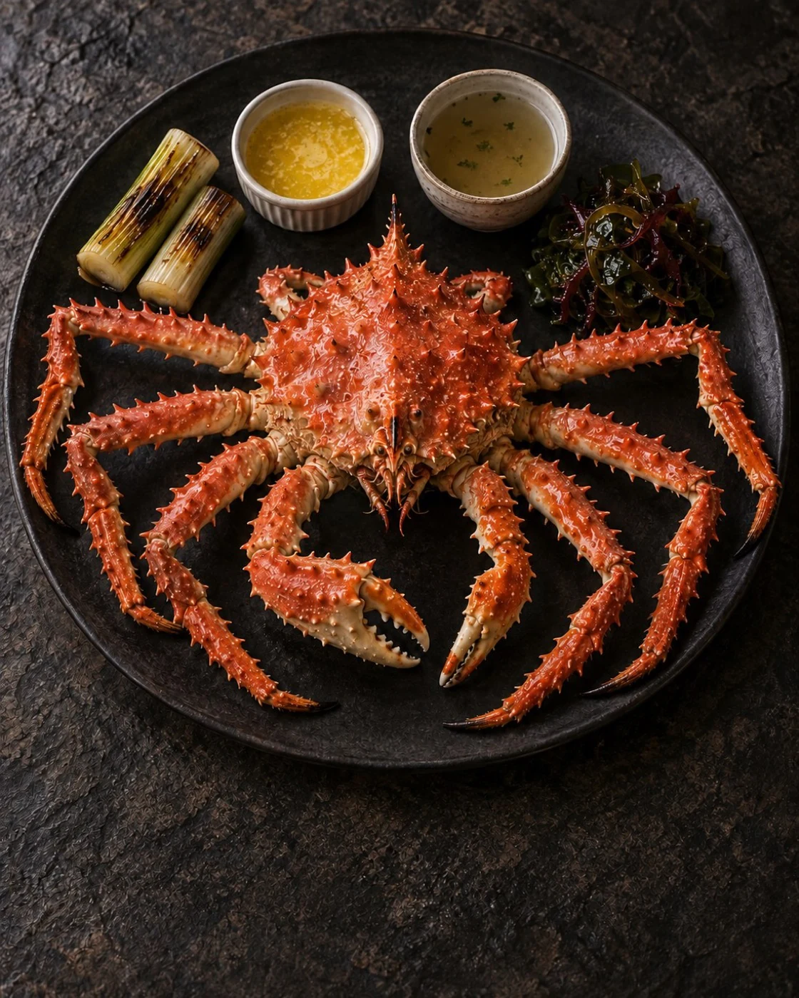 Whole Magellanic king crab on a dark plate
