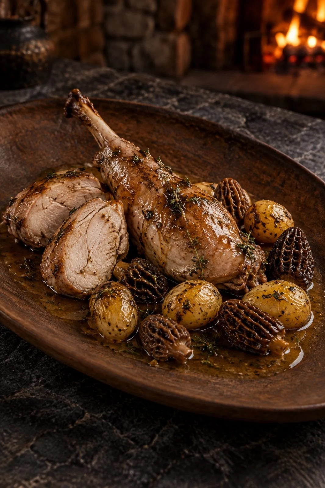 Rabbit braised with morels and austral potatoes