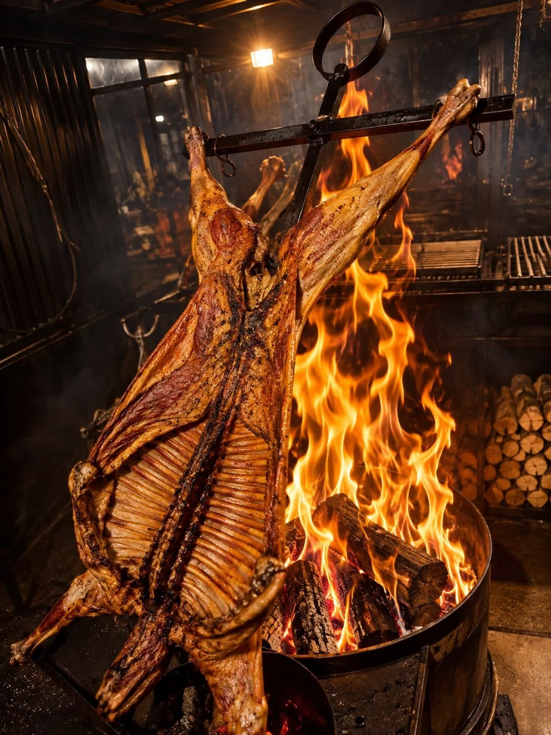 Magellanic lamb on the cross over a wood fire