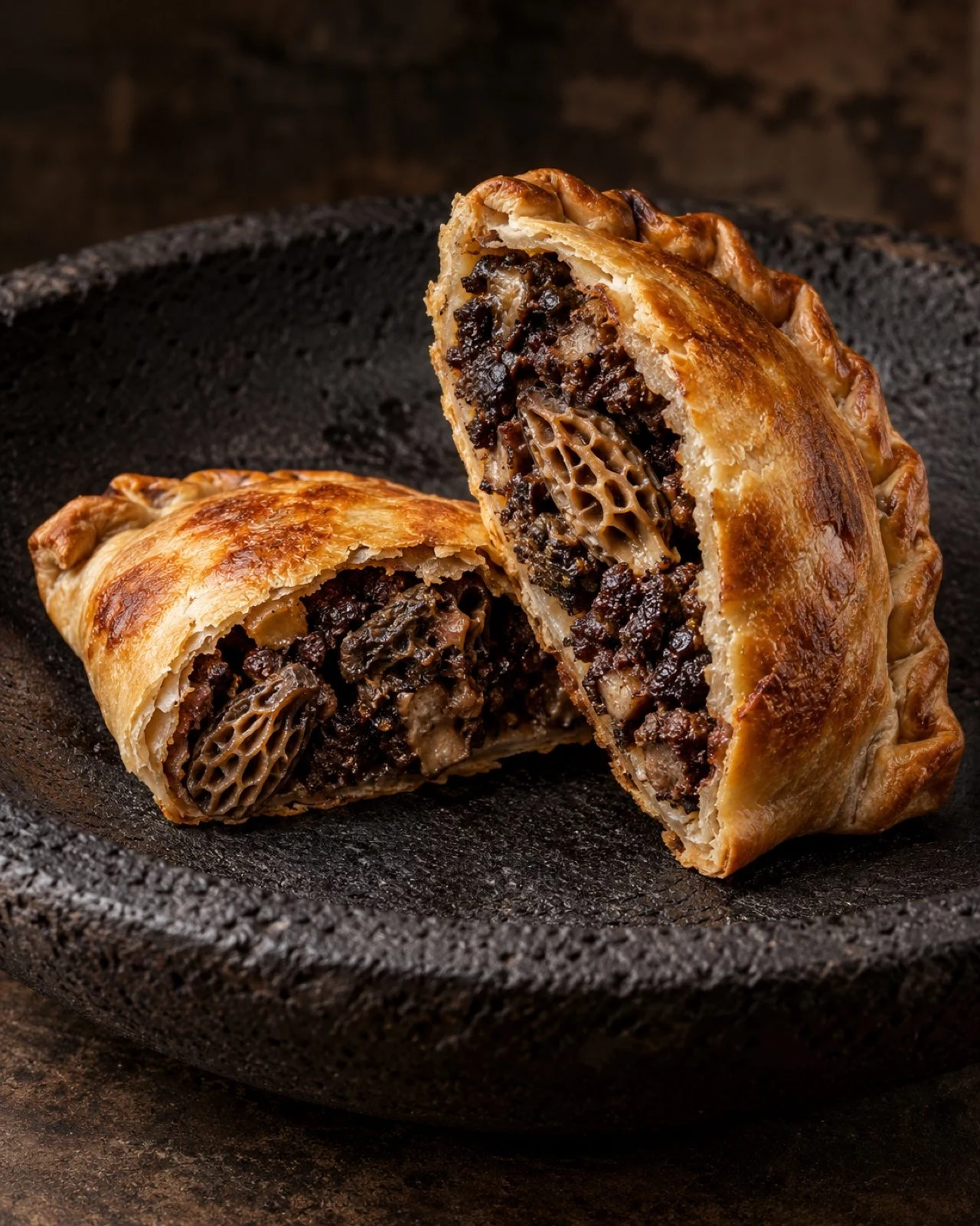 Open blood-sausage and morel empanada on a black clay plate