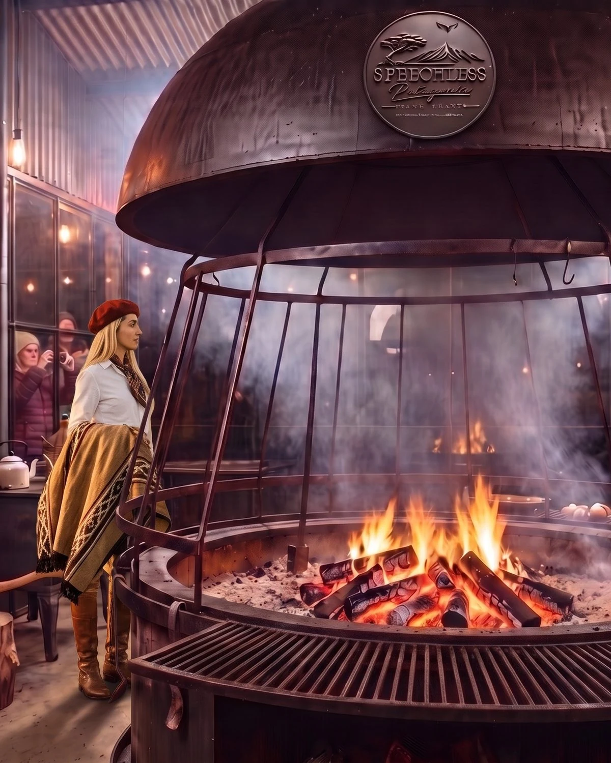 Two gauchas in red berets beside the central hearth, with lamb on the cross and seafood over the fire