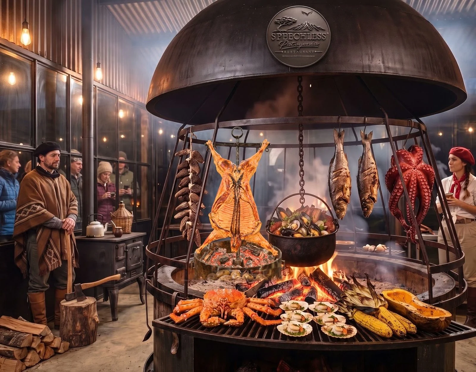 Gaucho and gaucha beside the central hearth with seafood and king crab over the fire