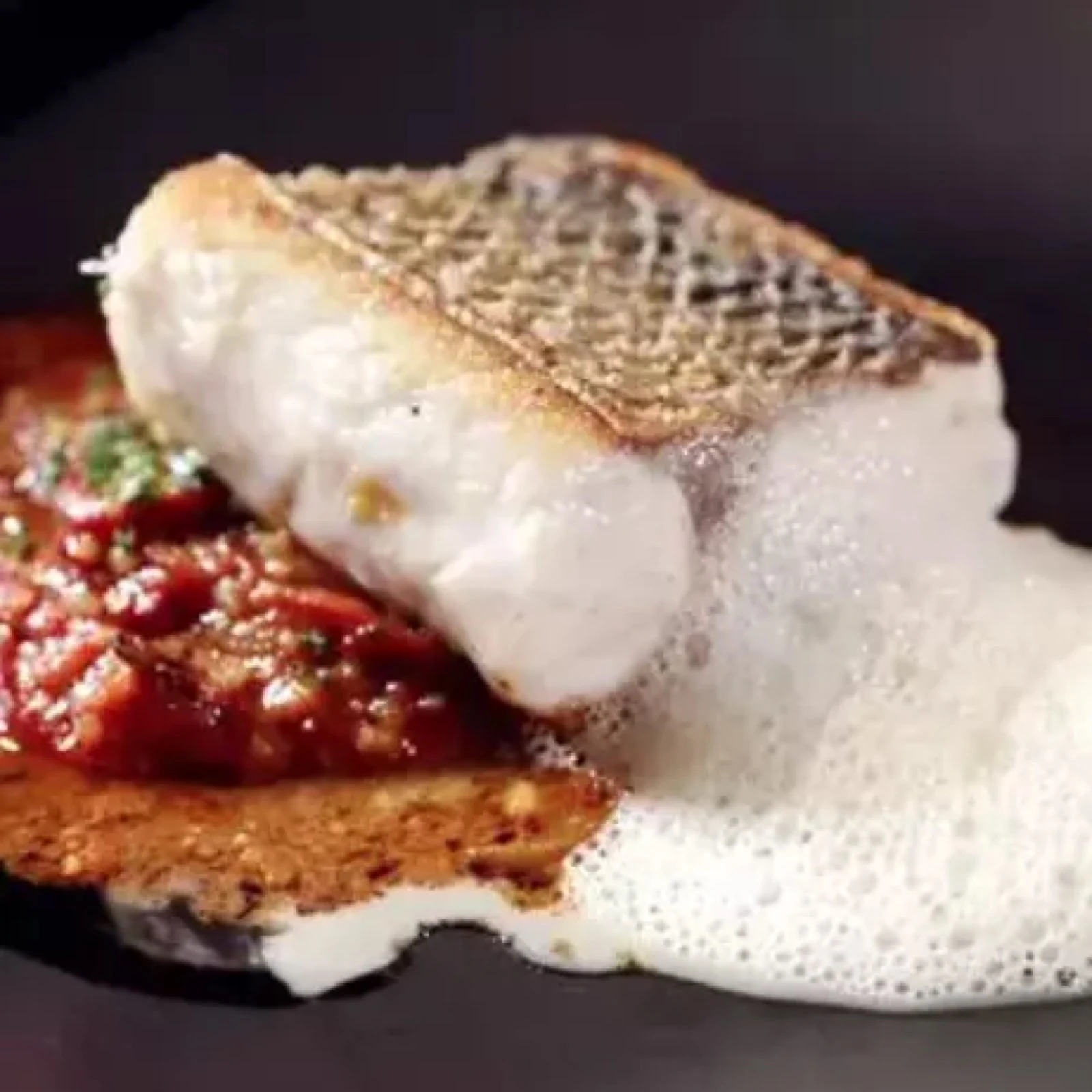 Southern hake with golden skin on potato, with butter foam
