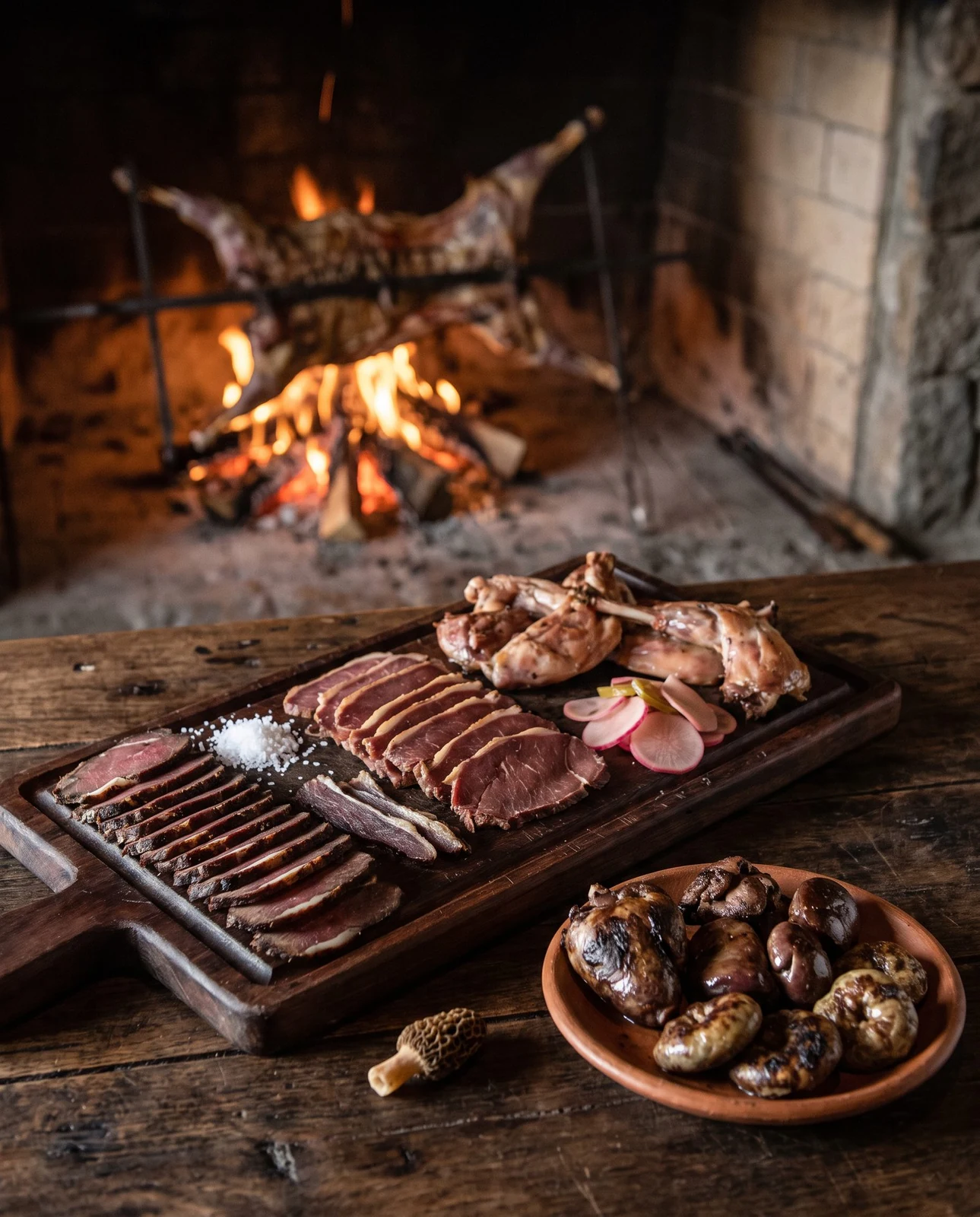 Wooden board with smoked slices, grilled lamb offal and a morel, with lamb over the fire behind