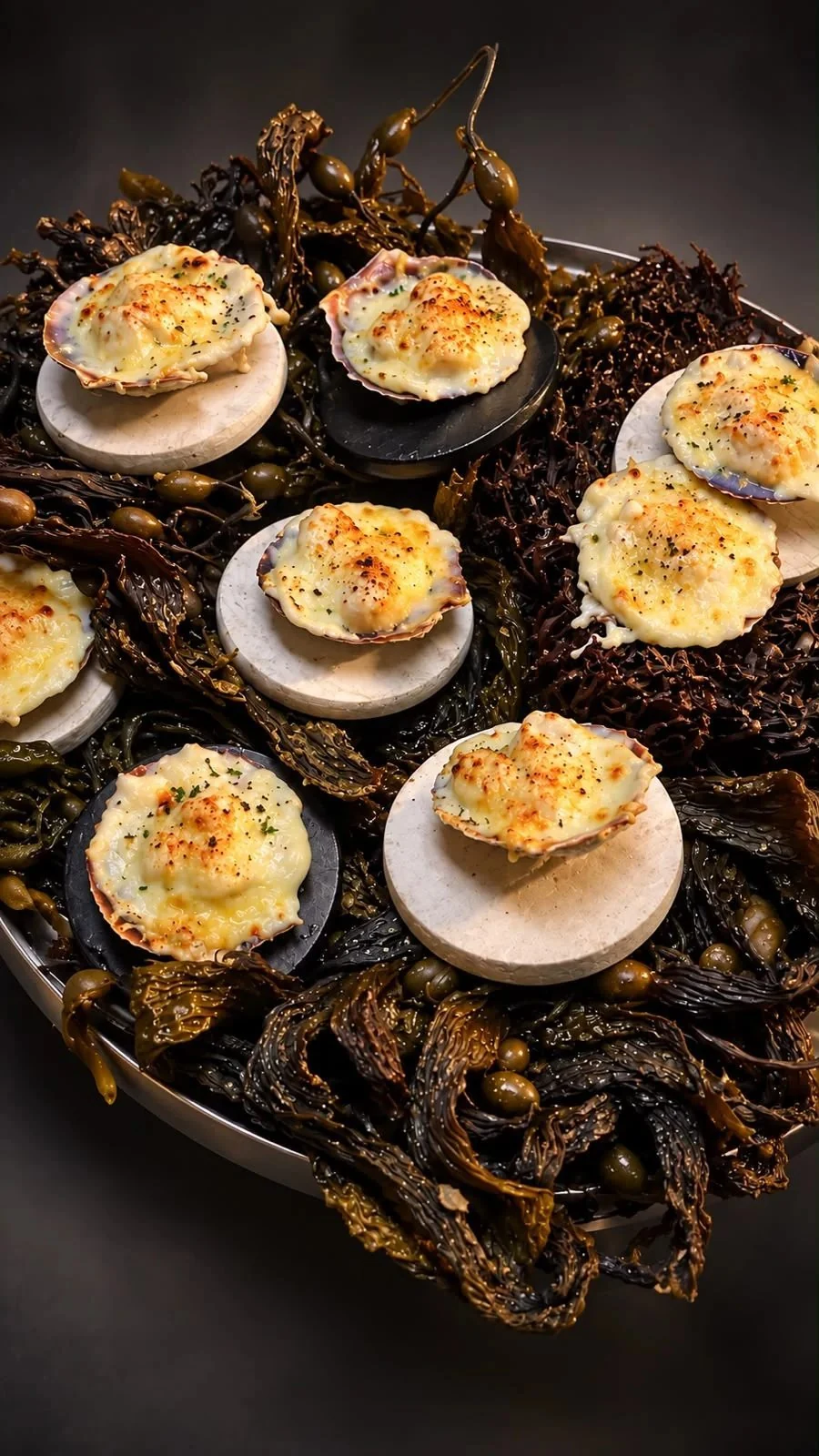 Gratinated Magellanic scallops in their shells on seaweed