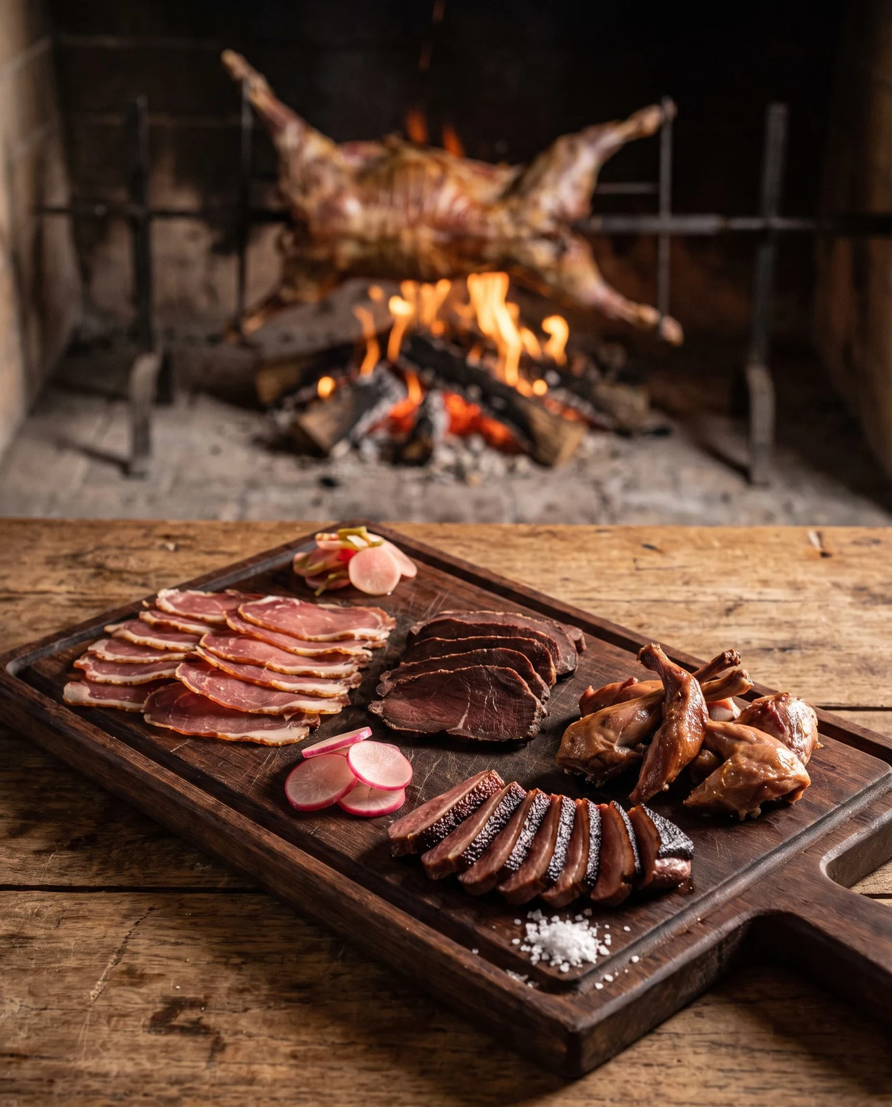 Steppe board: slices of cured wild boar leg, smoked guanaco, wild duck and rabbit, with lamb over the fire behind