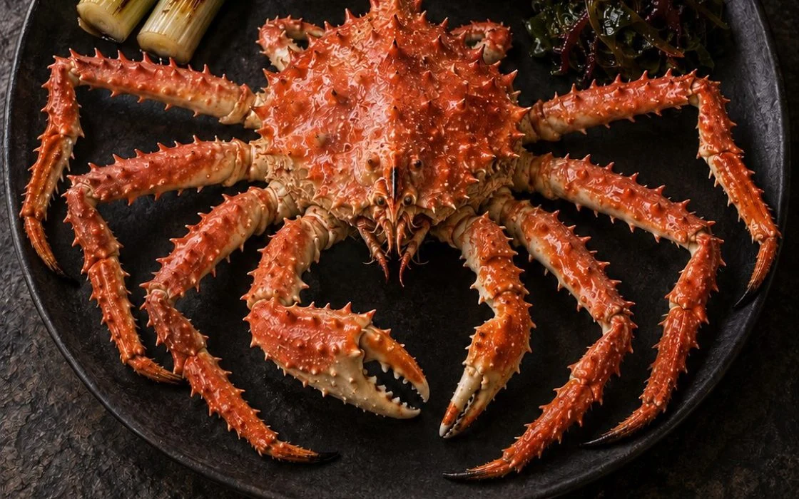 Whole Magellanic king crab on a dark plate