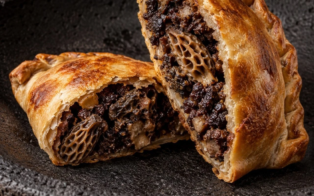 Open blood-sausage and morel empanada on a black clay plate
