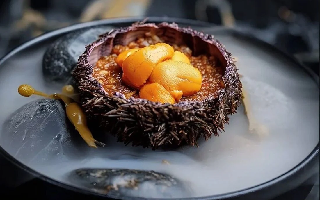 Open Magellanic sea urchin with its roe, on ice and smoke