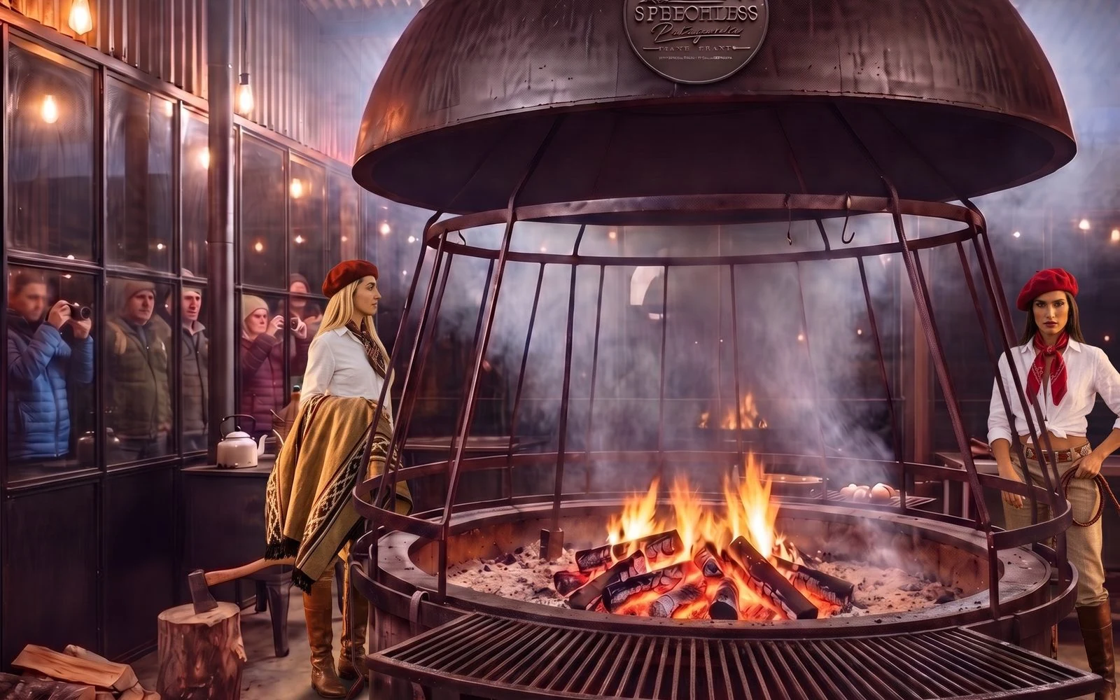 Two gauchas beside the central hearth with lamb and seafood over the fire