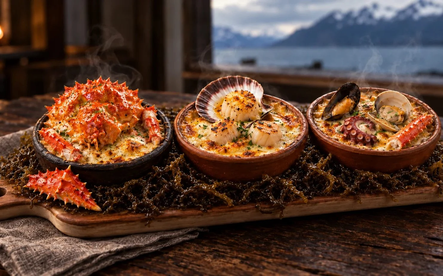 Strait seafood chowder trilogy in three clay dishes