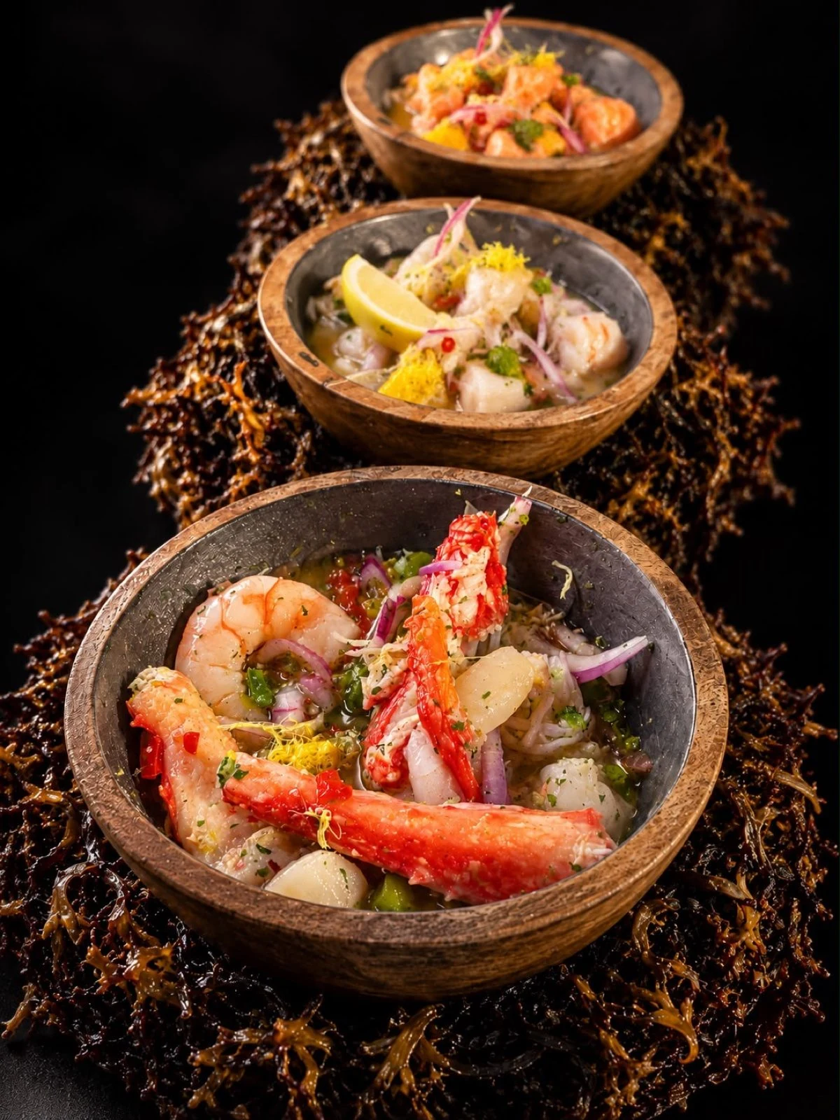 Austral ceviche trilogy in three small bowls