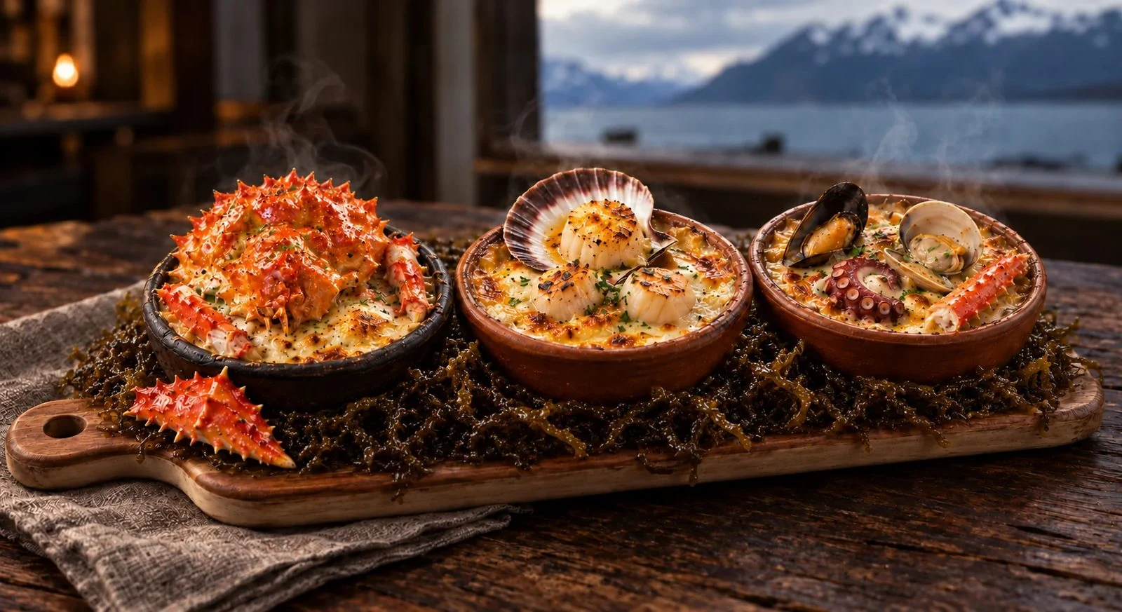 Strait seafood chowder trilogy in three clay dishes