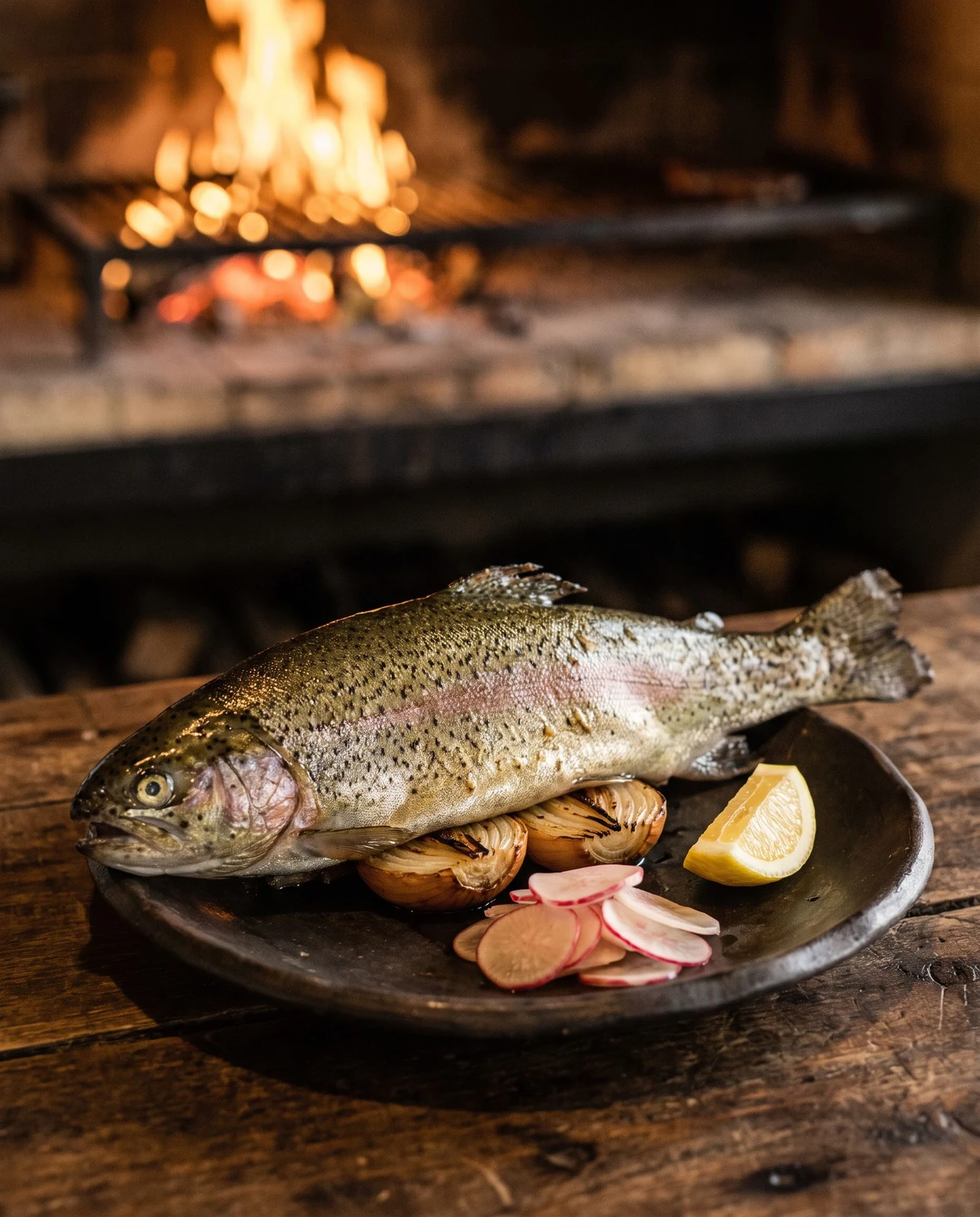 Whole ember-grilled wild trout with roasted onion and radishes
