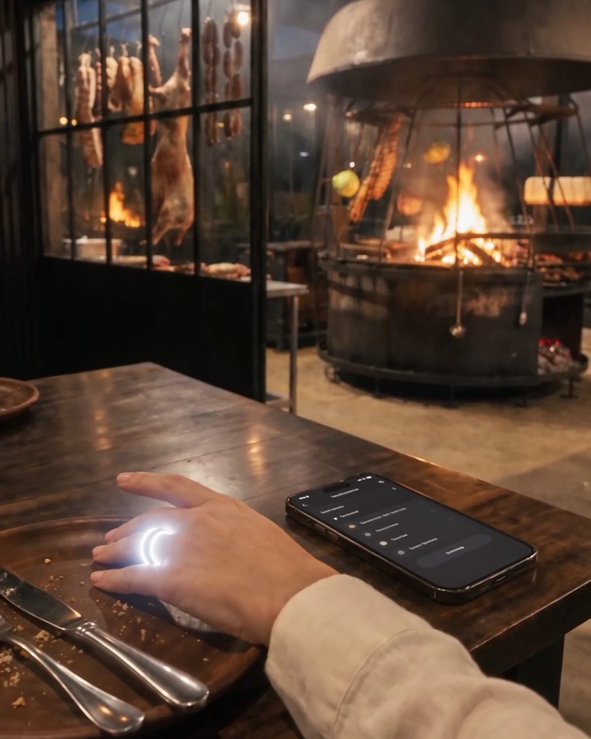 A hand wearing the lit biosensor ring on the table, beside the phone, with the hearth behind