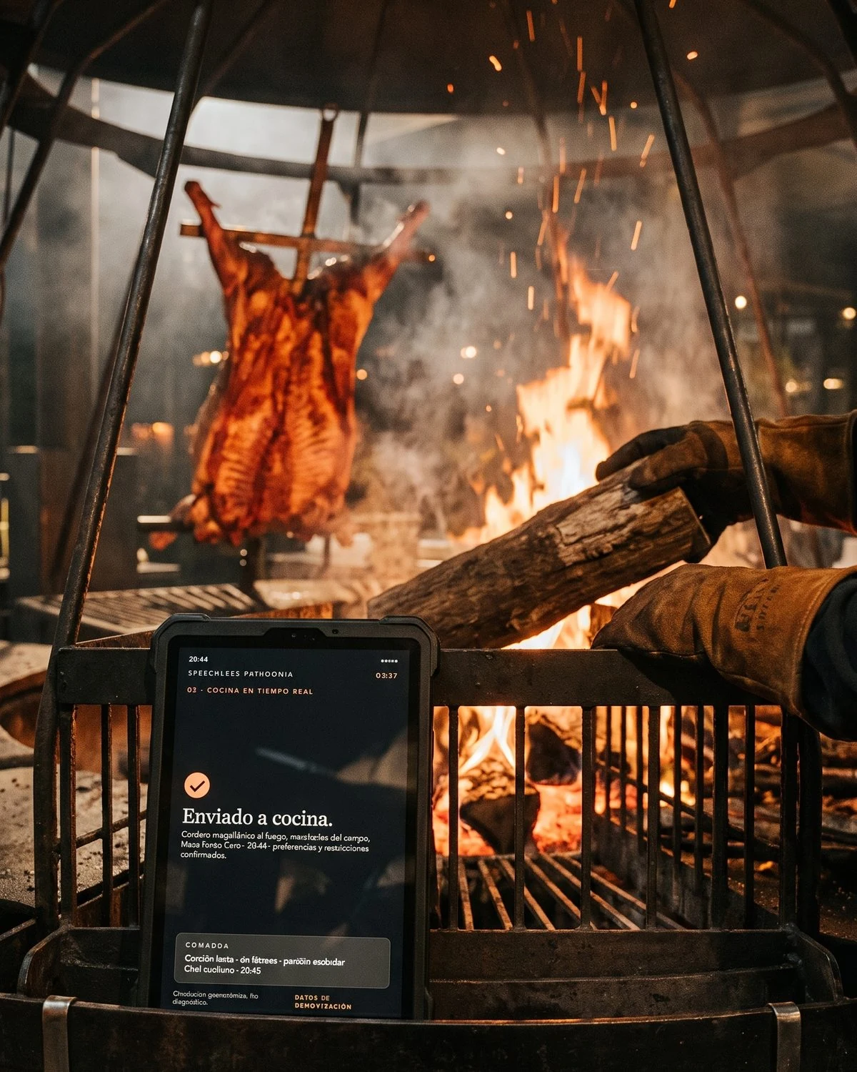 The table's order on the kitchen screen, with lamb over the fire behind