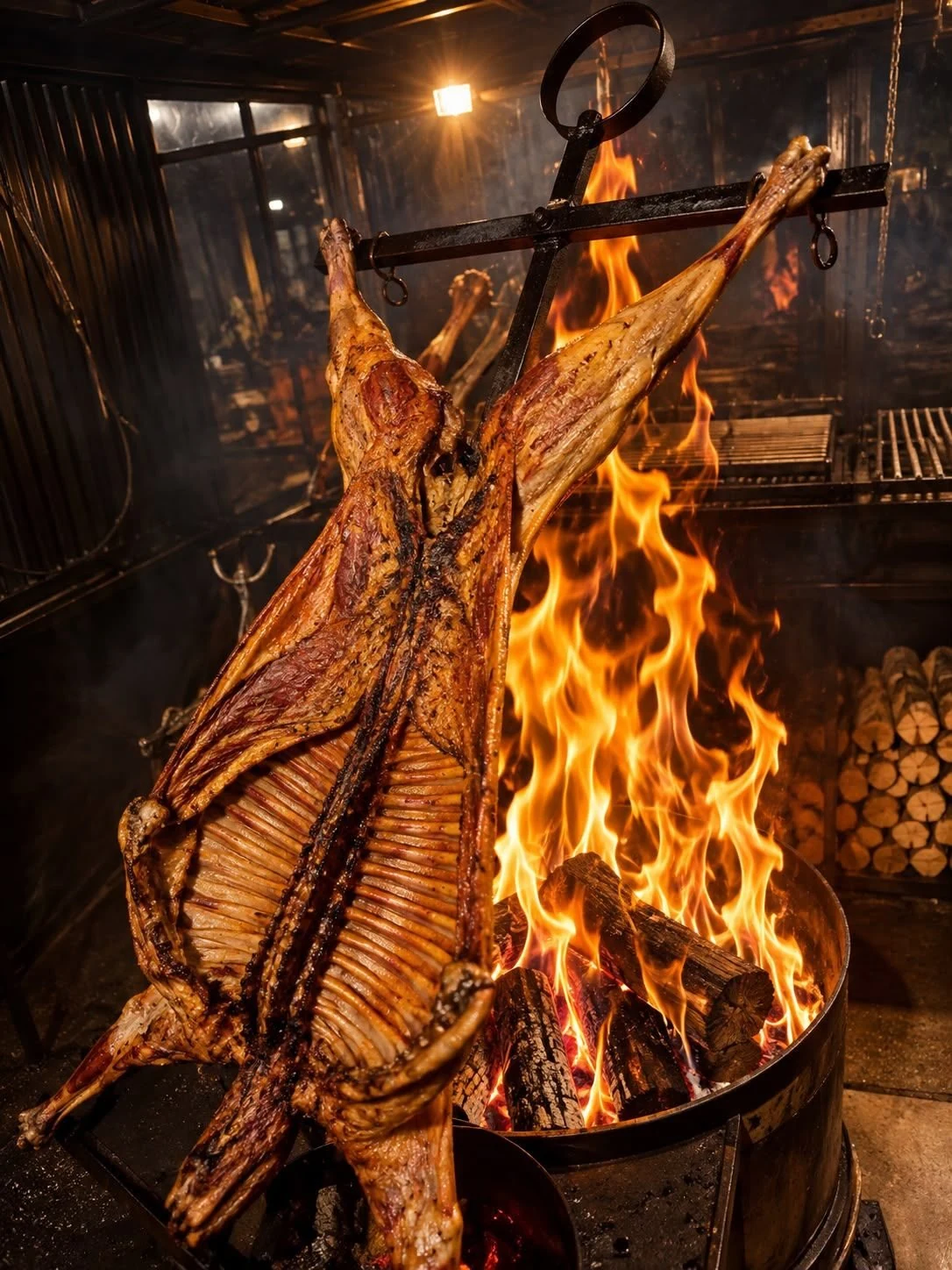 Magellanic lamb on the cross over the wood fire