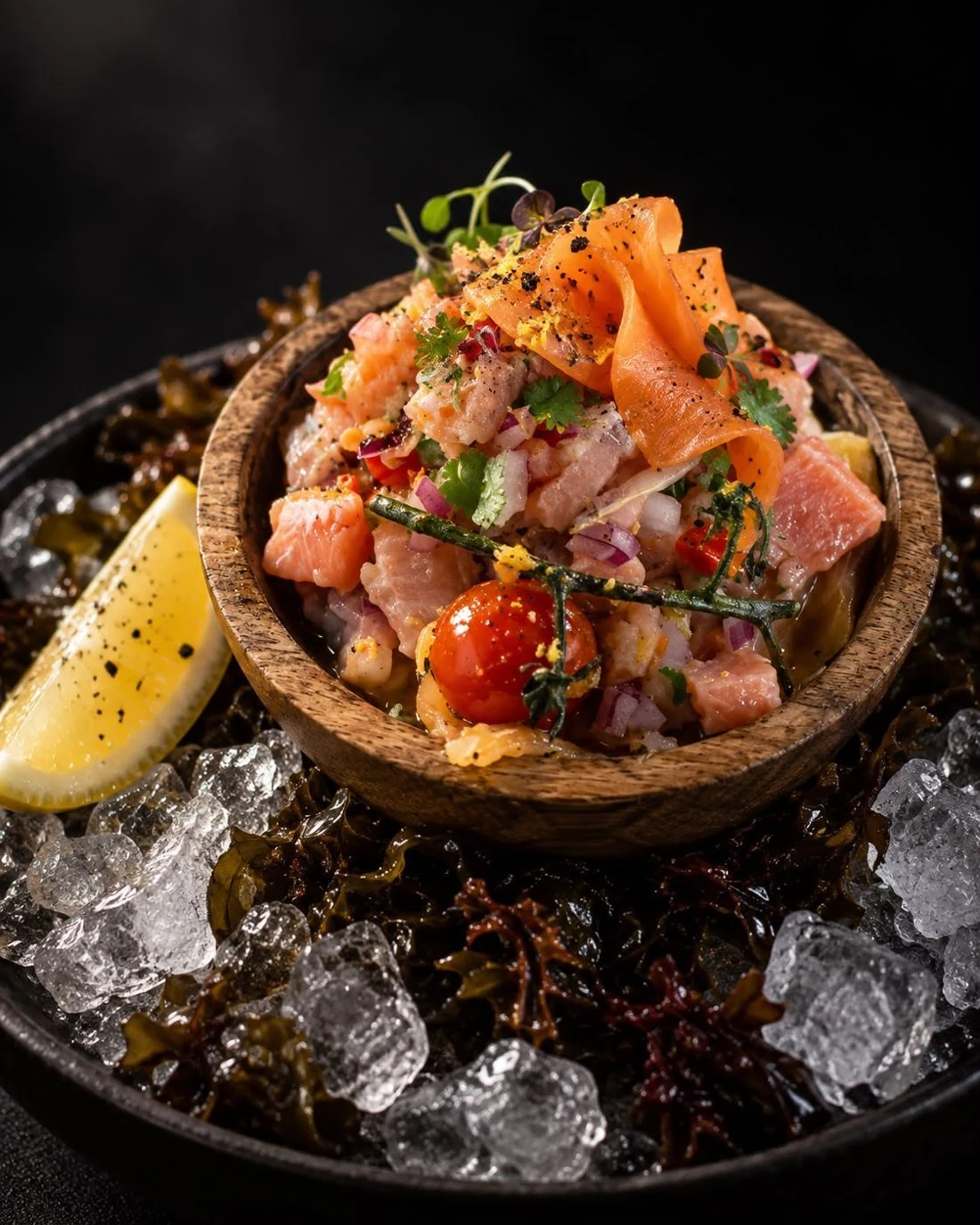 Wild trout ceviche in a wooden bowl on ice and seaweed, with lemon