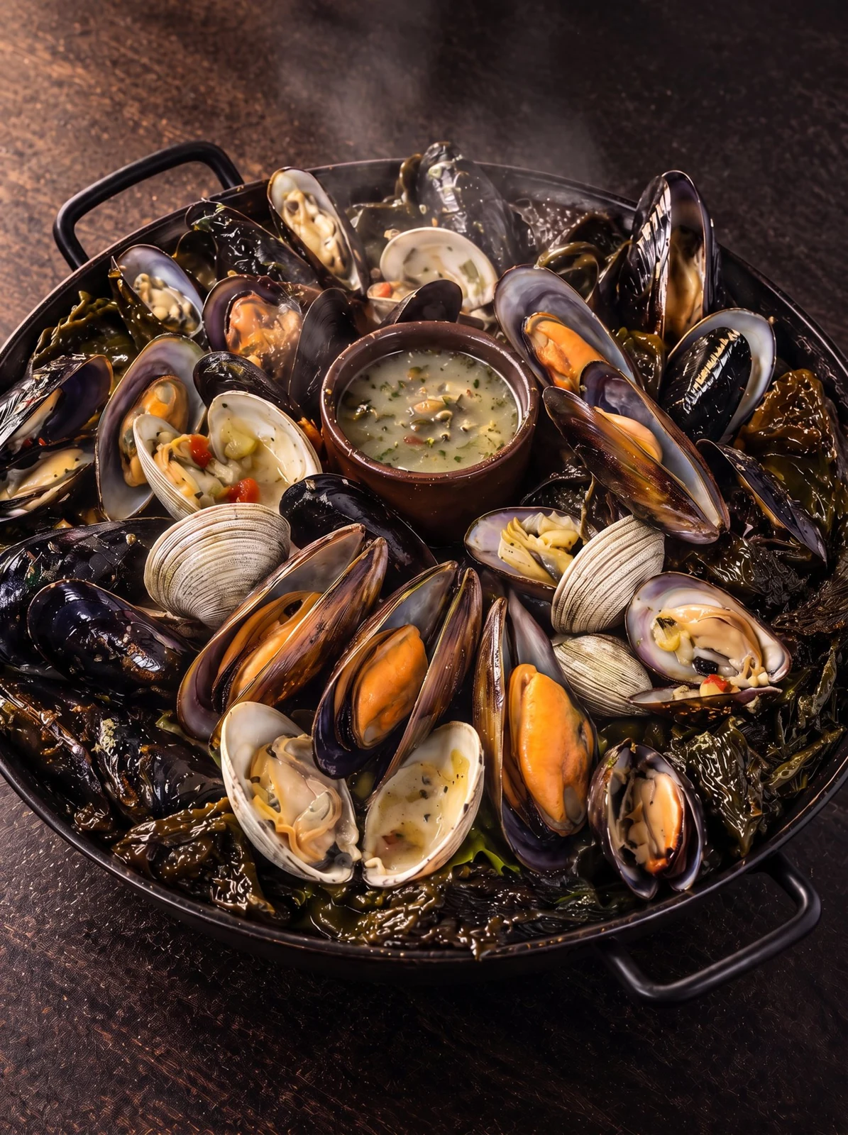 Open giant mussels and clams on luche and cochayuyo seaweed, with a bowl of broth in the centre