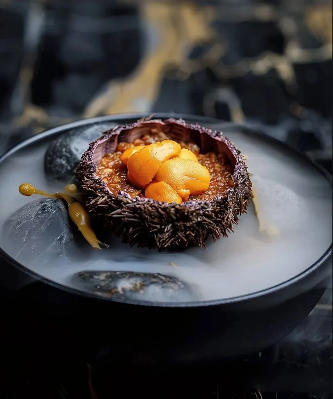 Open Magellanic sea urchin with its roe, on ice and smoke