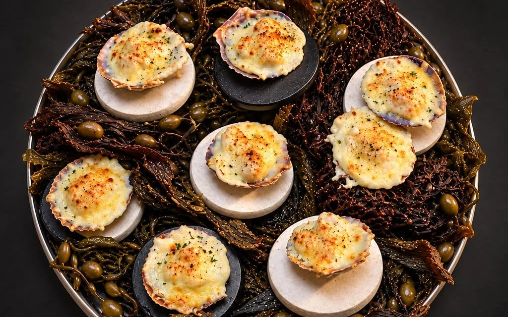 Magellanic scallops in their shells on seaweed