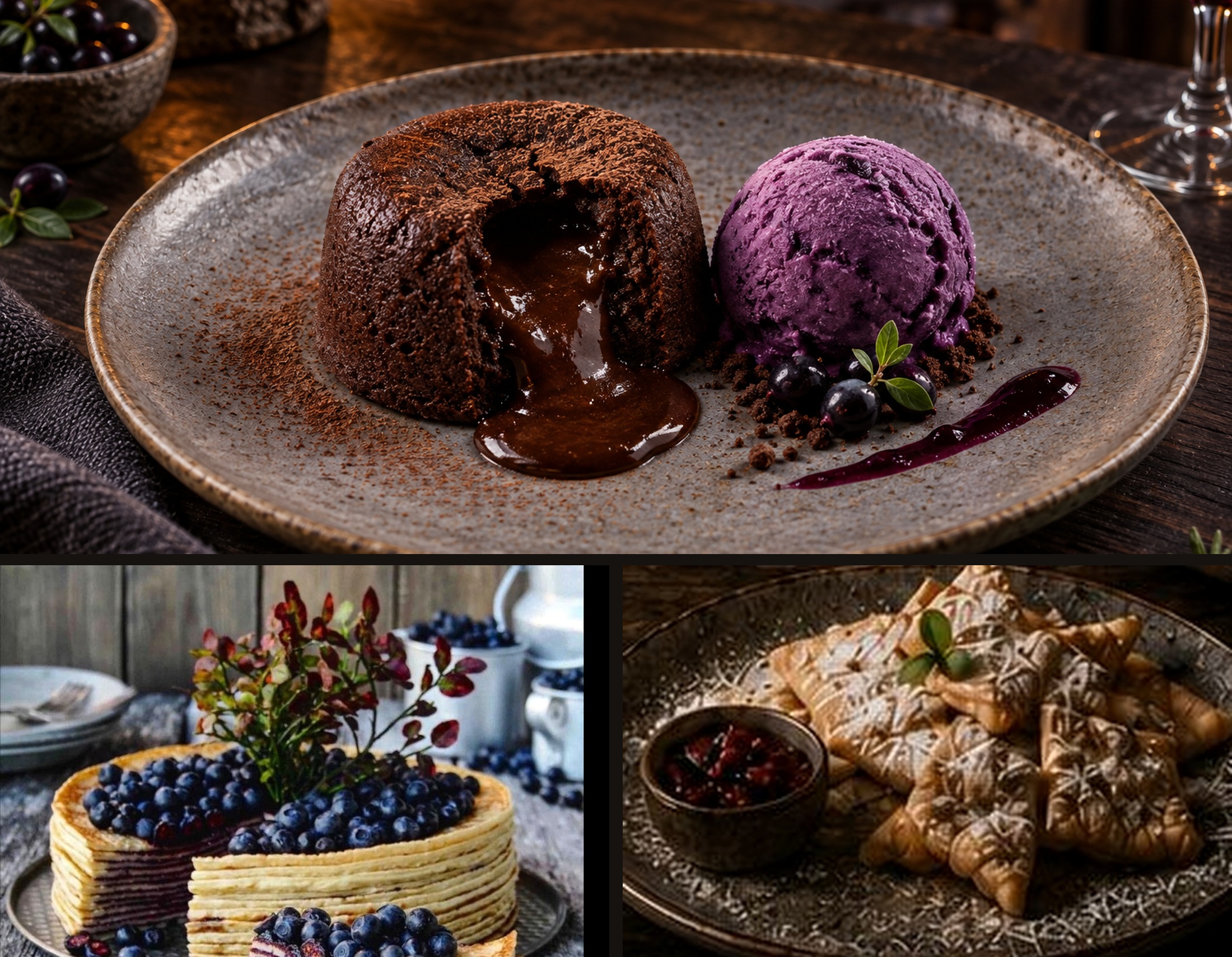 Chocolate fondant with calafate ice cream, layered cake and southern fried pastries