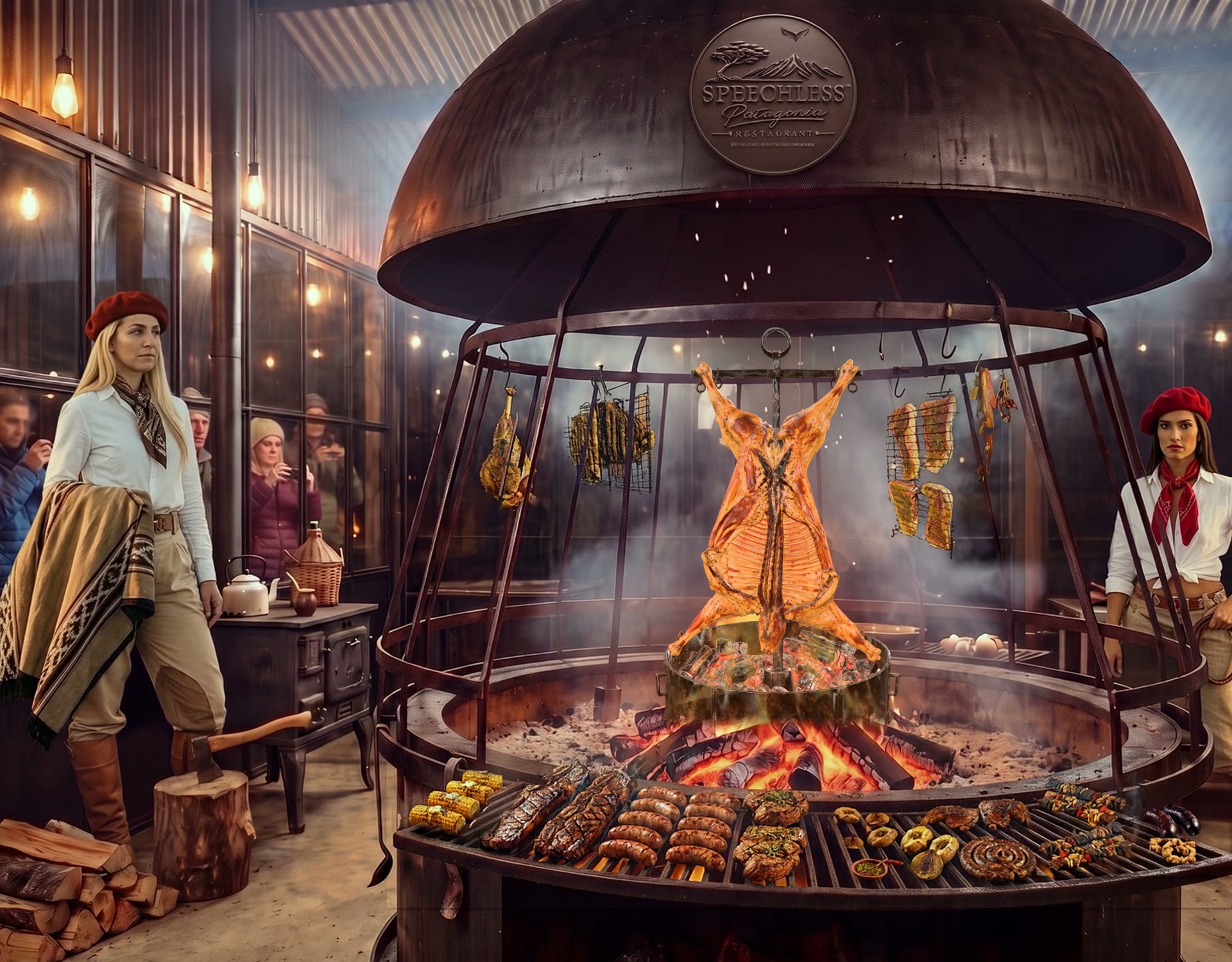 The central hearth at Speechless Patagonia with lamb on the spit