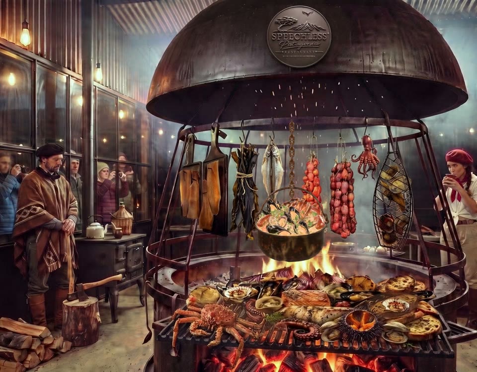 The central hearth at Speechless Patagonia with seafood and king crab over the fire